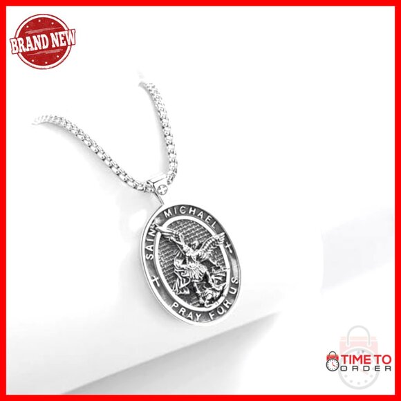 925 Sterling Silver Saint Michael Cross Pendant Necklace for Men Women - Picture 4 of 7